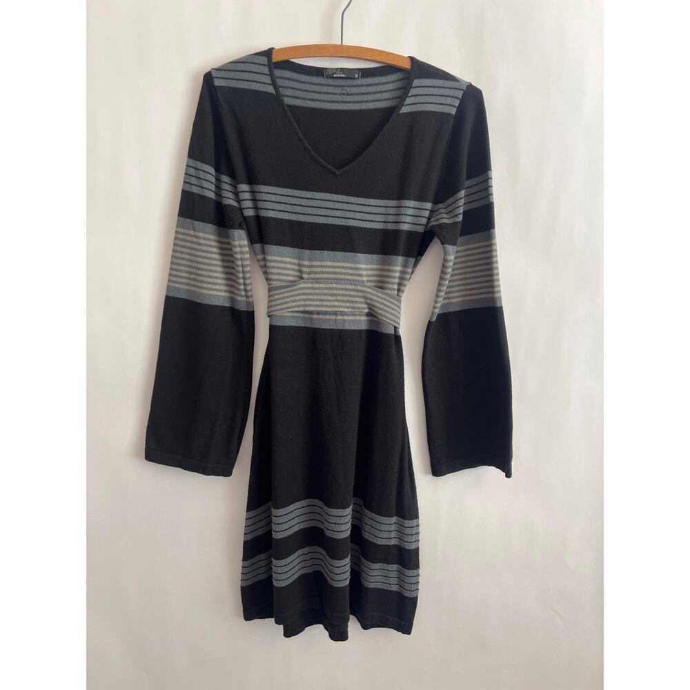 PRANA SYDNEY SWEATER DRESS WITH TIE WAIST FLARED SLEEVE GRAY BLACK SIZE MED